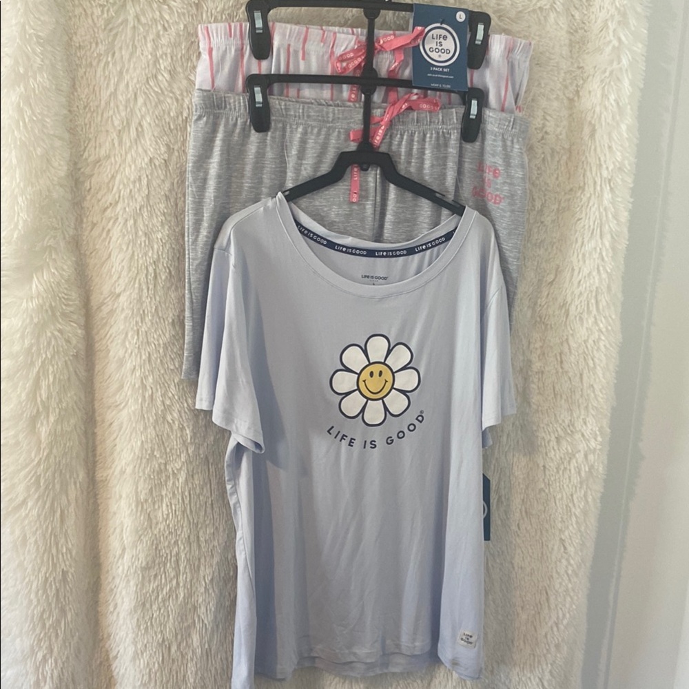 Life Is Good Gray Pajama Set with Smiley Flower